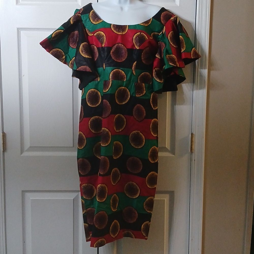 Handmade African abstract print flare sleeve  dress  Sz M  ( see measurements )